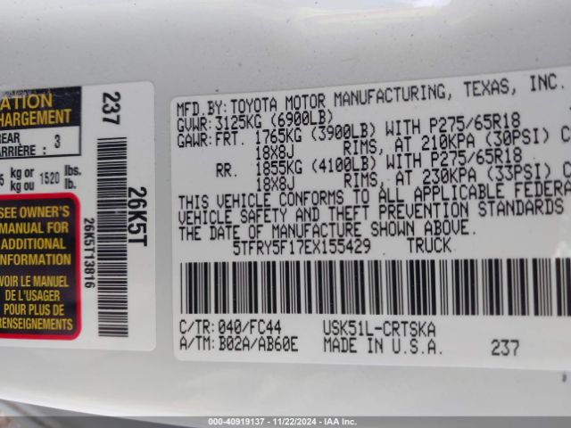 5TFRY5F17EX155429 Toyota Tundra Sr5 5.7l V8