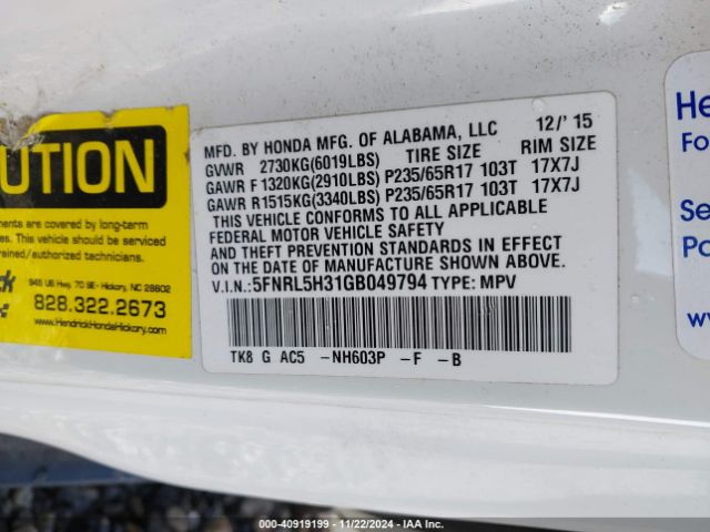 5FNRL5H31GB049794 Honda ODYSSEY SE