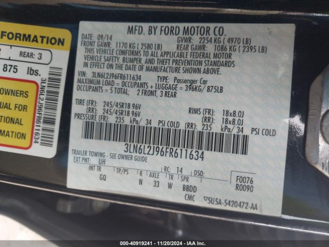 3LN6L2J96FR611634 Lincoln MKZ