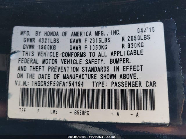 Honda Accord Sport 2015 1HGCR2F59FA154194 Image 9