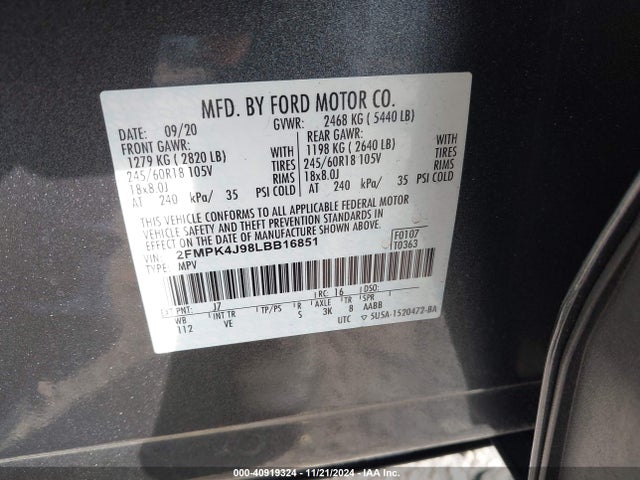 Ford EDGE SEL 2020 2FMPK4J98LBB16851 Image 9