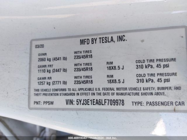 5YJ3E1EA6LF709978 Tesla Model 3 Standard Range Plus Rear-wheel Drive/standard Range Rear-wheel Drive