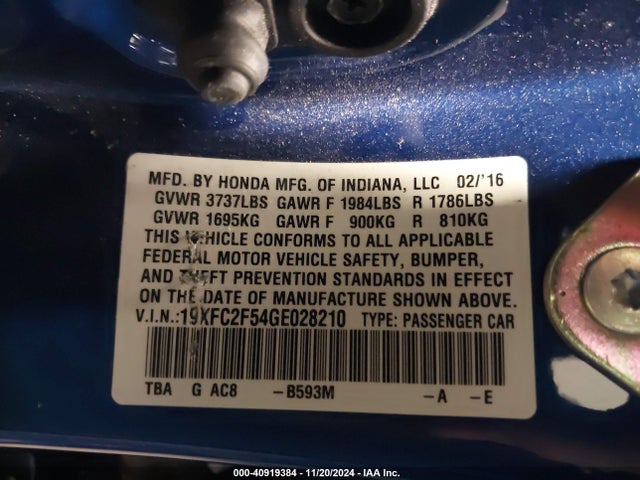 Honda Civic Lx 2016 19XFC2F54GE028210 Image 9