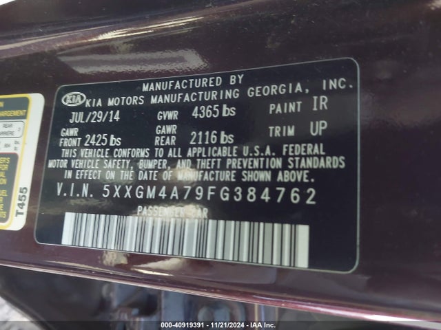 5XXGM4A79FG384762 KIA Optima Lx