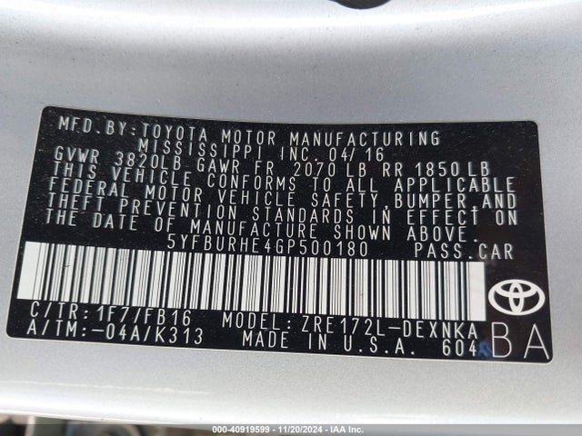 Toyota COROLLA LE 2016 5YFBURHE4GP500180 Image 9