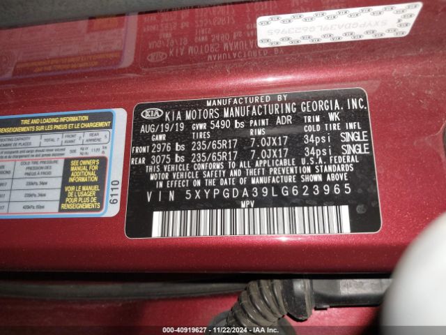 5XYPGDA39LG623965 KIA Sorento 2.4l Lx