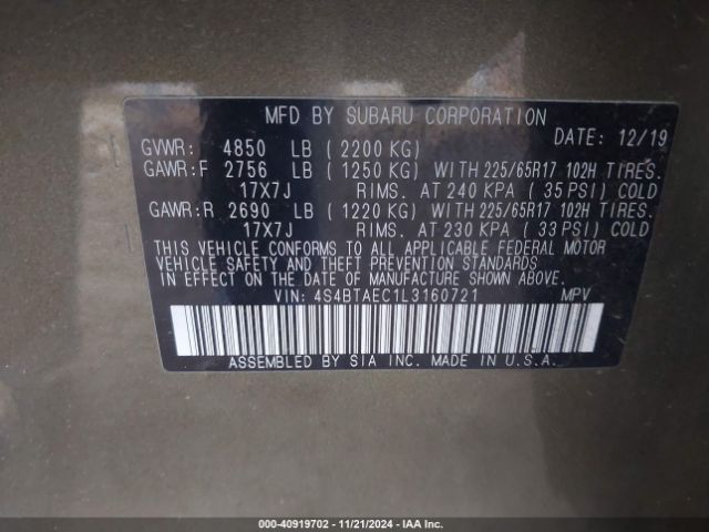 4S4BTAEC1L3160721 Subaru Outback Premium