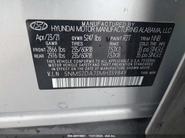 Hyundai Santa Fe Sel 2021 5NMS2DAJ3MH359849 Image 9