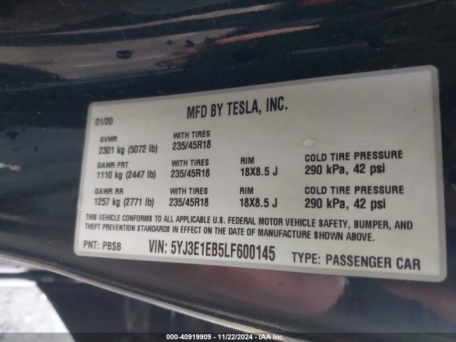 2020 TESLA MODEL 3 5YJ3E1EB5LF600145 Photo 8