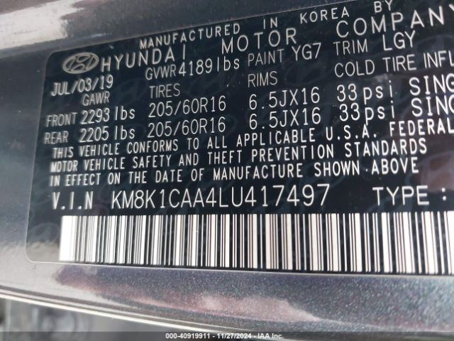 KM8K1CAA4LU417497 Hyundai Kona Se