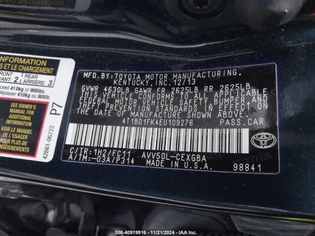 4T1BD1FK4EU109276 Toyota Camry Hybrid Xle
