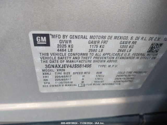 3GNAXJEV4JS581496 Chevrolet EQUINOX LT