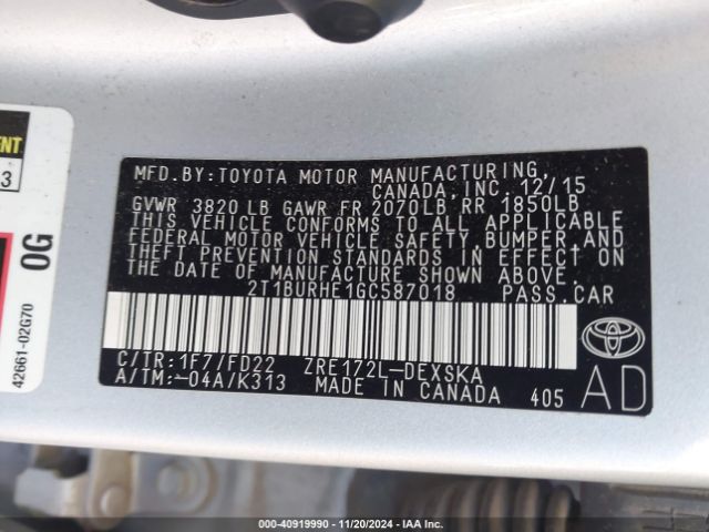 2T1BURHE1GC587018 Toyota Corolla S
