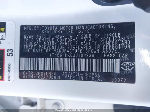 4T1B61HK6JU103836 Toyota CAMRY XSE