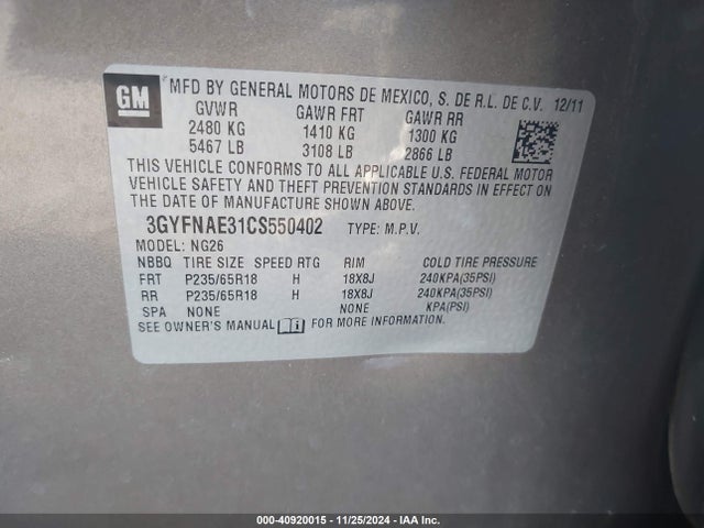 2012 CADILLAC SRX 3GYFNAE31CS550402 Photo 8