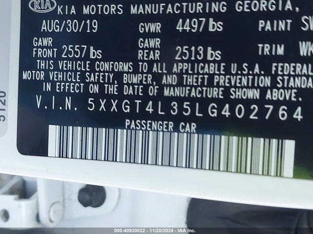 KIA Optima Lx 2020 5XXGT4L35LG402764 Image 9