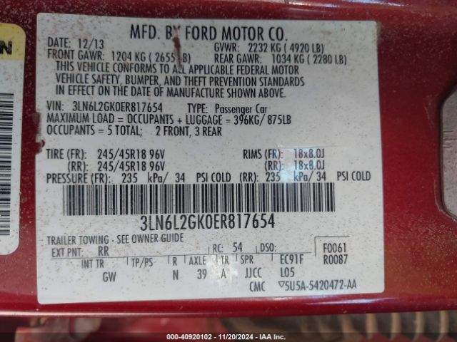 3LN6L2GK0ER817654 Lincoln MKZ