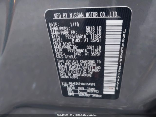 JN8AE2KP1G9154576 Nissan Quest Platinum/s/sl/sv