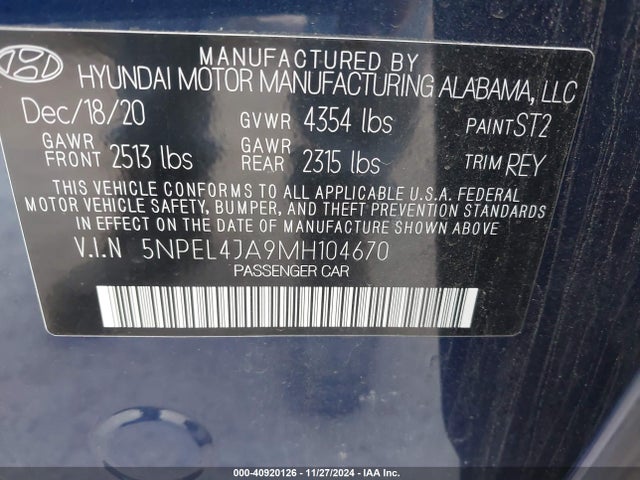 5NPEL4JA9MH104670 Hyundai SONATA SEL