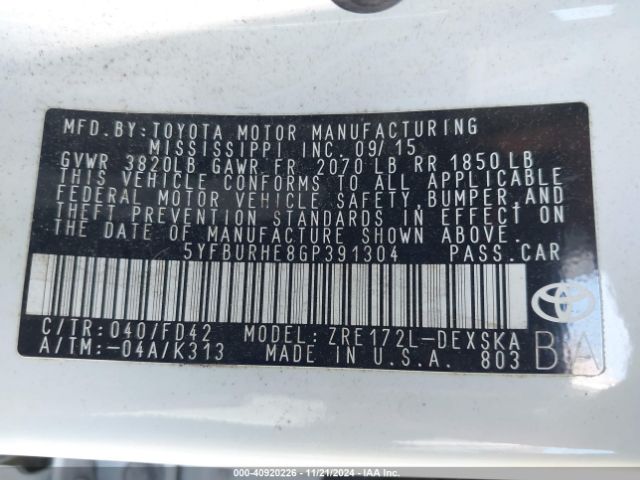 5YFBURHE8GP391304 Toyota Corolla L/le/le Pls/prm/s/s Pls