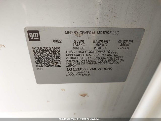 1G1ZB5ST7NF209089 Chevrolet Malibu Fwd Ls