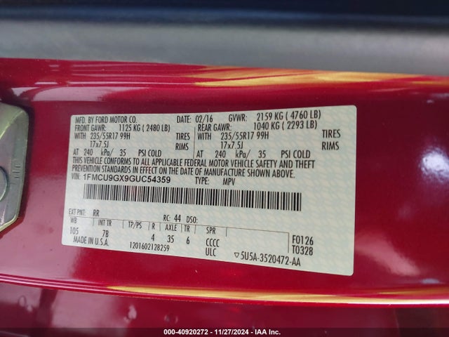 1FMCU9GX9GUC54359 Ford ESCAPE SE
