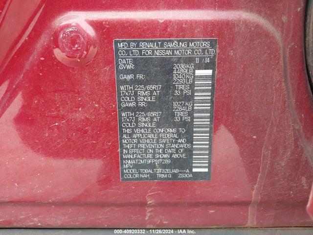 Nissan ROGUE SV 2015 KNMAT2MT9FP517289 Image 9
