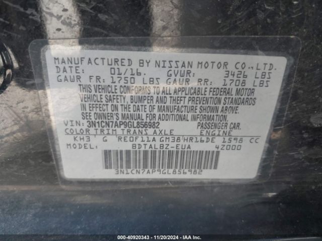 3N1CN7AP9GL856982 Nissan Versa 1.6 S/1.6 S+/1.6 Sl/1.6 Sv