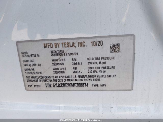 5YJXCBE26MF308874 Tesla Model X Long Range Dual Motor All-wheel Drive/long Range Plus Dual Motor All-wheel Drive
