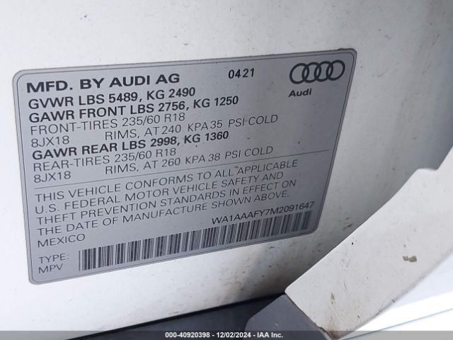 WA1AAAFY7M2091647 Audi Q5 Premium 45 Tfsi Quattro S Tronic