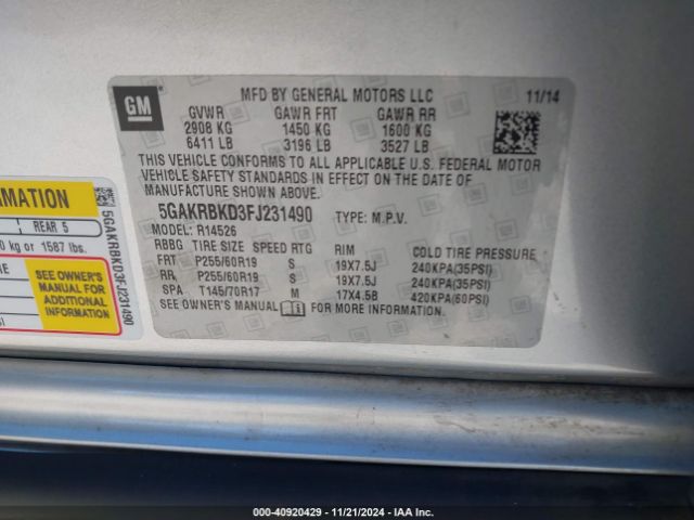 5GAKRBKD3FJ231490 Buick Enclave Leather