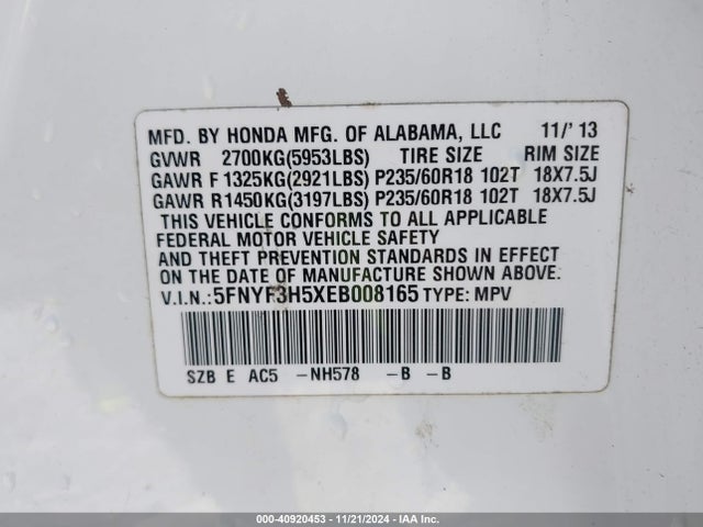 Honda Pilot Ex-l 2014 5FNYF3H5XEB008165 Image 9