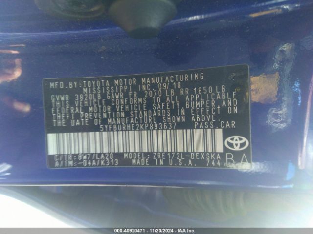 5YFBURHE2KP893637 Toyota Corolla Xse