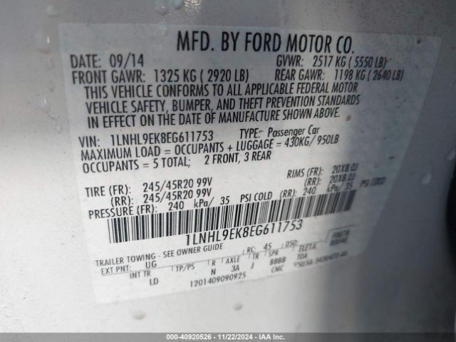 1LNHL9EK8EG611753 Lincoln MKS