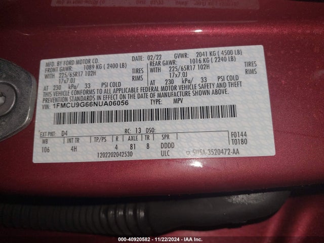 Ford ESCAPE SE 2022 1FMCU9G66NUA06056 Image 9