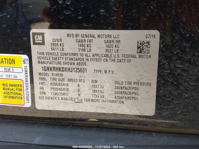 1GNKRHKDXHJ125601 Chevrolet Traverse 2lt