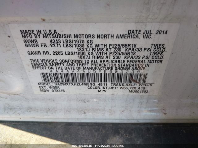 4A4AR4AU5FE003239 Mitsubishi Outlander Sport Se