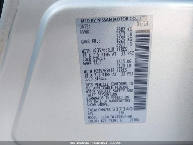 5N1AL0MN7EC537340 Infiniti QX60