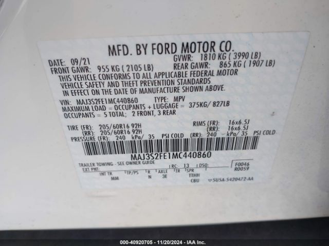 MAJ3S2FE1MC440860 Ford ECOSPORT S