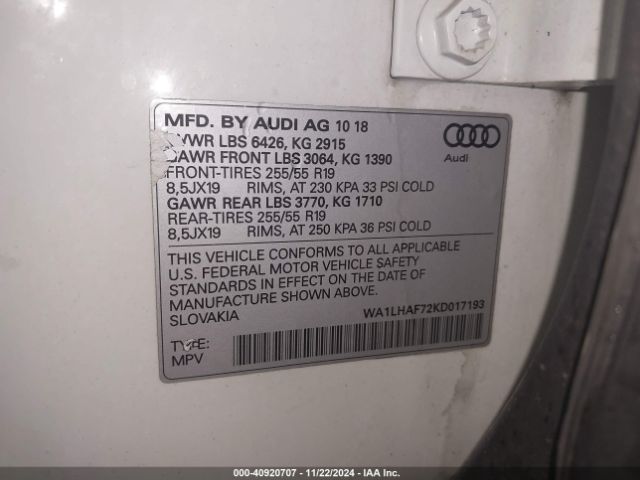 WA1LHAF72KD017193 Audi Q7 45 Premium