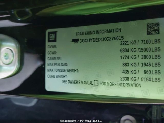 3GCUYDED1KG275615 Chevrolet Silverado 1500 Lt