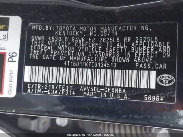 4T1BD1FK7EU134513 Toyota Camry Hybrid Le
