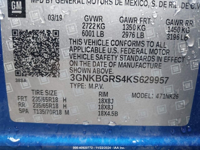 3GNKBGRS4KS629957 Chevrolet Blazer