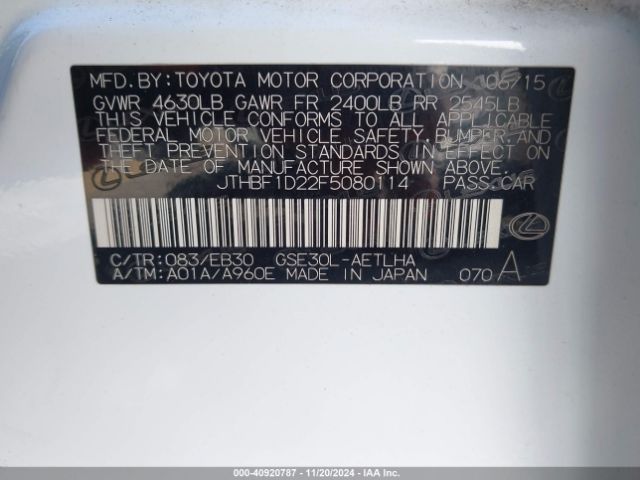 JTHBF1D22F5080114 Lexus IS 250