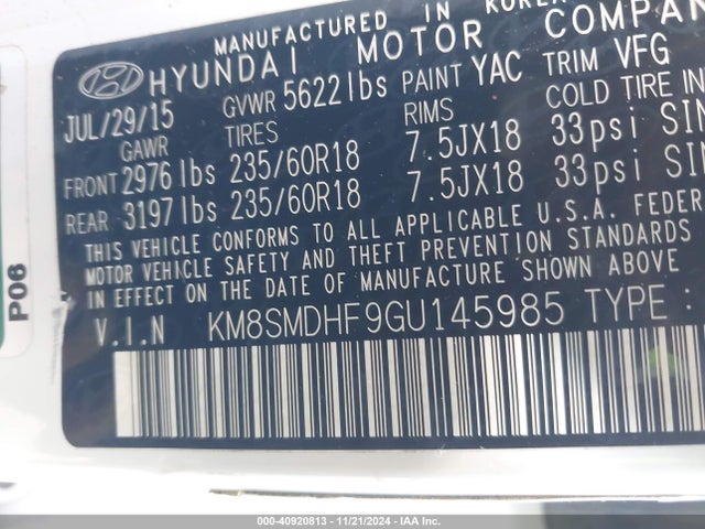 Hyundai Santa Fe Se 2016 KM8SMDHF9GU145985 Image 9
