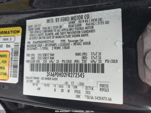 Ford FUSION SE 2015 3FA6P0HD2FR272545 Image 9