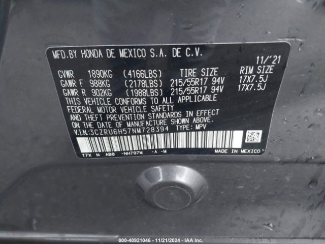 3CZRU6H57NM728394 Honda Hr-v Awd Ex