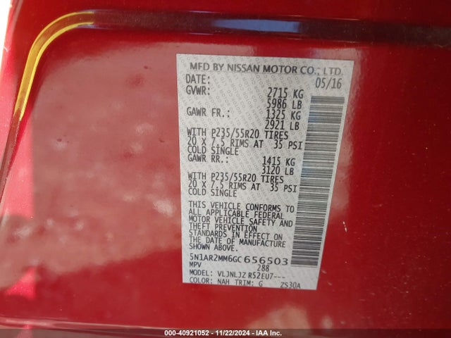 Nissan Pathfinder Platinum 2016 5N1AR2MM6GC656503 Image 9