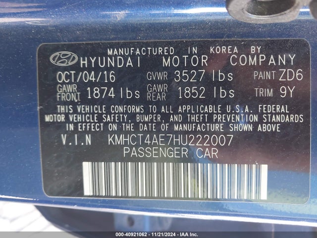 Hyundai ACCENT SE 2017 KMHCT4AE7HU222007 Image 9