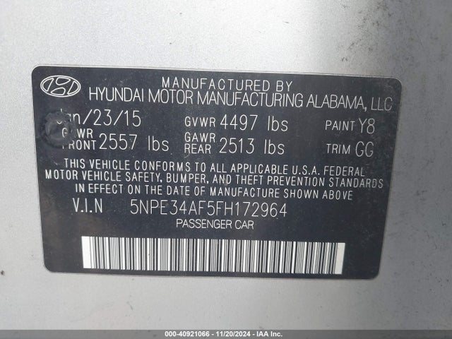 Hyundai Sonata Limited 2015 5NPE34AF5FH172964 Image 9